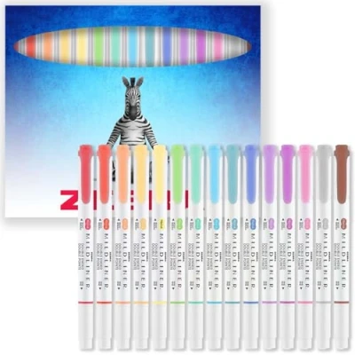 Afbeelding van Zebra Pen Mildliner markeerstiften met dubbele punt, brede en fijne markeringen, verpakking van 15 kleuren in kartonnen geschenkdoos zuurvrije niet giftige inkt