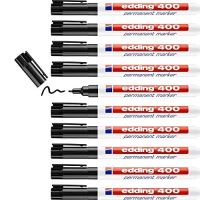 Afbeelding van edding 400 permanent marker zwart 10 stiften fijne ronde punt 1 mm watervast, sneldrogend wrijfvast voor karton, kunststof, hout, metaal, glas