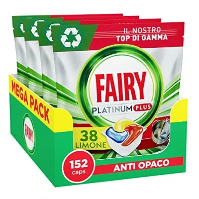 Afbeelding van Fairy Platinum Vaatwastabs Plus, glansspoelmiddel, 152 capsules, citroen, anti matte technologie met glanseffect, tegen vet en hardnekkige korstvorming