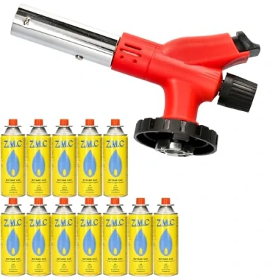 Afbeelding van Z.M.C Gasbrander 1,0 kW + 12 gaspatronen 227 g, flambeerbrander tot 1300 C, bunsenbrander, soldeerbrander, keukenbrander met instelbare vlam, branderopzetstuk