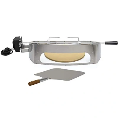 Afbeelding van BBQ Toro Roestvrijstalen pizzaring set met grillspies, pizza inzetstuk en draaispies geschikt voor Weber Q200 / Q2000 serie, rotisserie motor element inclusief schep pizzasteen