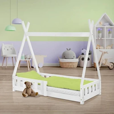 Afbeelding van ML Design kinderbed tipi 70x140 cm wit met uitvalbeveiliging en lattenbodem, gemaakt van grenen hout, indianenbed massief hout voor meisjes &amp; jongens, huisbed hek kinderhuisje jeugdbed