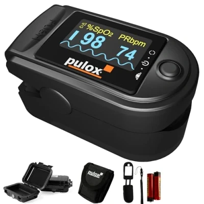 Afbeelding van PULOX PO 200A Pulsoximeter met alarm, pulston en accessoireset voor het meten van SpO2, puls PI, zwart