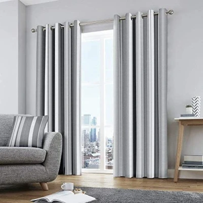 Afbeelding van Fusion Whitworth Stripe 100% katoenen paar ooggordijnen 66&quot; breedte x 72&quot; druppel (168 183cm) in grijs
