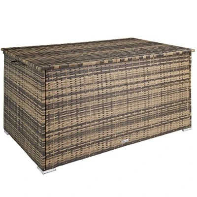 Afbeelding van tectake® Aluminium wicker opbergbox Outdoor kussenbox Uitneembare binnenzak Weerbestendig en afsluitbaar met deksel Inclusief 2 handgrepen, gasveren UV bestendig Inhoud 750 l Afmeting (LxBxH) 145 x 82,5 79,5 cm Beige