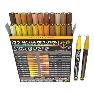 Afbeelding van Acrylverfpennen 22 Pro Color Series Markers Set 0,7 mm Extra fijne punt voor rotskunst, glas, mokken, hout, metaal, canvas, schetsen, detaillering. Niet giftig, sneldrogend. (GEEL)