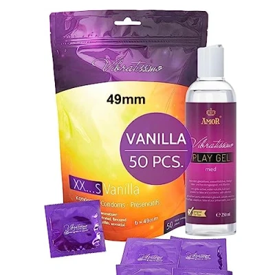 Afbeelding van VIBRATISSIMO Condooms XXS Vanilla 50 pack &amp; glijmiddelset I met aroma voor mannen dunne wanddikte en gearomatiseerd authentiek gevoel b=49mm