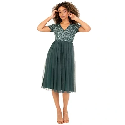 Afbeelding van Maya Deluxe dames verfraaide midi avondjurk v hals met korte mouw voor prom bruiloft bruidsmeisje, smaragd Groen, 24, Emerald 50