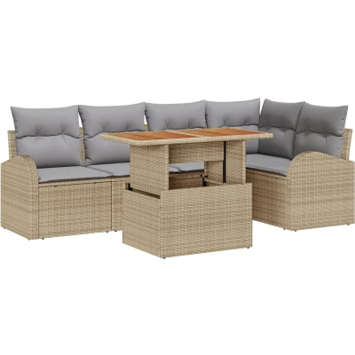 Afbeelding van vidaXL 6 delige Tuin Eettafelset met Kussens Beige Poly Rattan Acacia