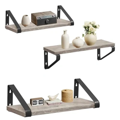 Afbeelding van VASAGLE Wandplank set van 3, zwevende plank, wandmontage, plank voor display, industrieel ontwerp, woonkamer, badkamer, keuken, grijs zwart LWS033B02