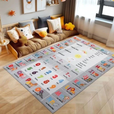 Afbeelding van Kindertapijten, Alfabet letters cijfers dieren, Vloerkleed Grijs, 80 x 120 cm, Tapijten voor kinderen, kinderkamer