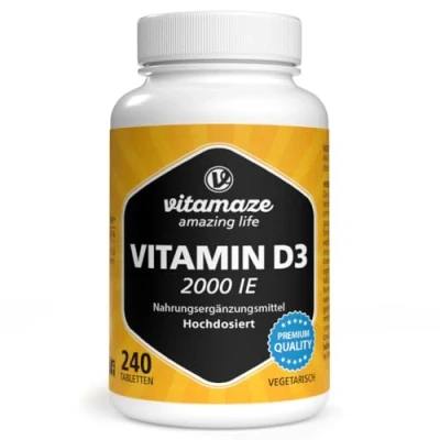 Afbeelding van Vitamaze® Vitamine D3 2000 IU hooggedoseerd &amp; vegetarisch, 240 tabletten voor meer dan 1 jaar, 50 mcg pure cholecalciferol, natuurlijk voedingssupplement zonder toevoegingen, Gemaakt in Duitsland