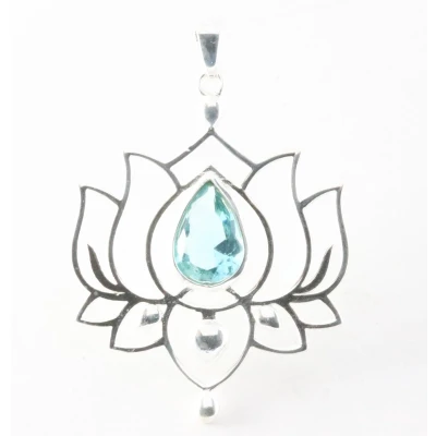 Afbeelding van Opengewerkte zilveren lotus hanger met blauwe topaas