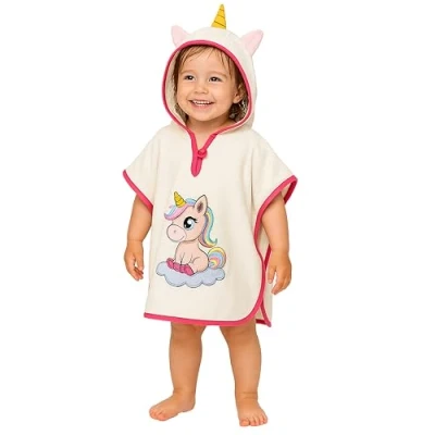 Afbeelding van LAYNENBURG Premium badponcho kinderen met kap 100% katoen OEKO TEX baby jongens meisjes handdoek poncho badstof 1 3 jaar/Eenhoorn