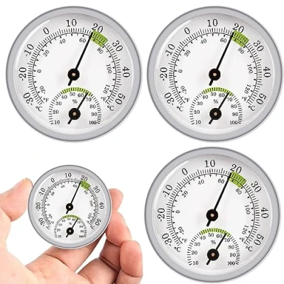 Afbeelding van Thermo hygrometer, goed afleesbaar, mini: Nizirioo 3 stuks, ronde thermometer, binnen, analoog, kamerthermometer, luchtvochtigheidsmeter voor babygarage, kantoor, sigaren
