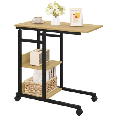 Afbeelding van WOLTU Bijzettafel, salontafel, woonkamertafel, laptoptafel, bedtafel, C vormig, in hoogte verstelbaar, met wieltjes, van metaal, houtmateriaal, licht eiken + zwart, BTS08hei