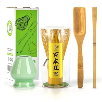 Afbeelding van TEANAGOO Accessoires voor de Japanse Matcha ceremonie, garde (Chasen), bamboe lepel (Chashaku), theelepel, groene celadon gardehouder, TG I1, perfecte set om een