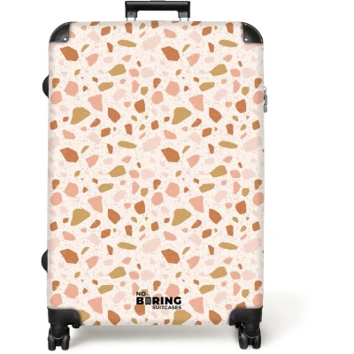 Afbeelding van NoBoringSuitcases.com® Koffer groot Reiskoffer lichtgewicht Terrazzo patroon veelkleurig beige roze Rolkoffer met 4 wielen Grote trolley XL 98 liter bagage