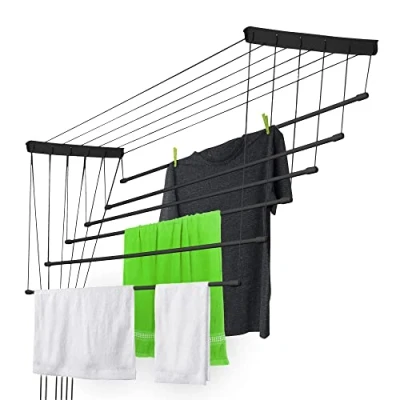 Afbeelding van KADAX Plafondwasdroger, wasdroger voor het plafond 6, wanddroger met polyethyleen beklede stalen spijlen, plafonddroger, draagvermogen 12 kg (6x 160/zwart)