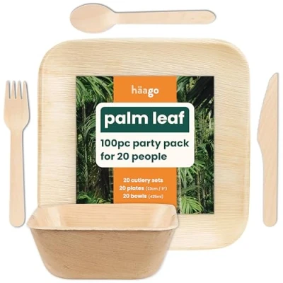 Afbeelding van HAAGO 100 delig Palmblad Servies &amp; Houten Bestek Set (20x borden (22x22cm), 20 vierkante kommen (450ml), 20x messen, vorken, lepels) Biologisch afbreekbaar Party Pack Magnetronbestendig