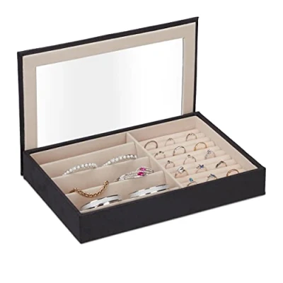Afbeelding van Relaxdays sieradendoos juwelendoosje sieradenbox armbanden ringen lederlook zwart
