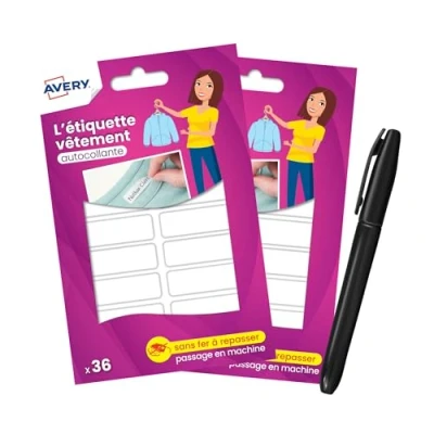 Afbeelding van AVERY 72 Blanco kledingetiketten wit beschrijfbaar inclusief marker 2 zakjes met elk 36 etiketten Formaat 4,5 x 1,3 mm