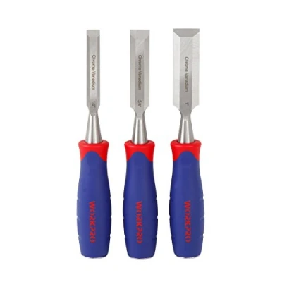 Afbeelding van WORKPRO Houtbeitelset, 3 stuks houtsnijbeitels 12 mm, 19 25 Cr V schuine randbeitels met stalen hameruiteinde en antislip handvat voor houtbewerking, houtsnijwerk beeldhouwen
