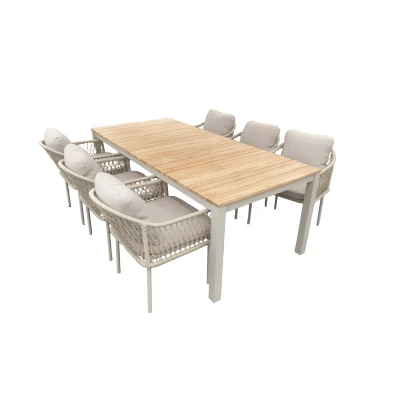 Afbeelding van Set van Arashi tafel 220x100x76 cm salix/teak en 6 Rocha stoelen salix/flax beige Yoi
