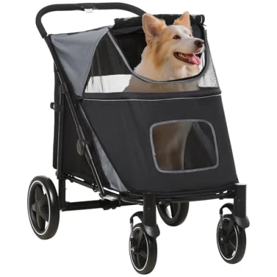 Afbeelding van PawHut Hondenbuggy met Kussen Opvouwbare Hondenwagen Kattenbuggy voor Grote en Middelgrote Honden Netraam Veiligheidslijnen Tas Oxfordstof Grijs