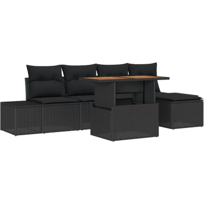 Afbeelding van vidaXL 6 delig Tuin Eetset met Kussens Zwart Poly Rattan Acacia