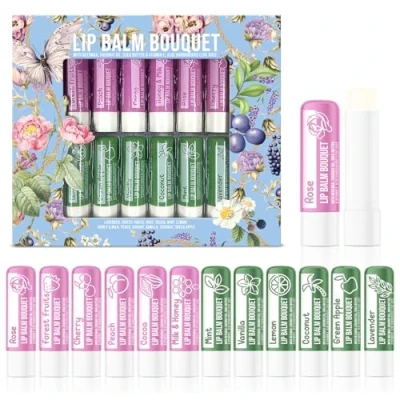 Afbeelding van Beauty4Britain Set van 12 Luxe Lippenbalsems Bouquet Verschillende Geuren Unisex Beschermt &amp; Herstelt Hydrateert Verrijkt met Bijenwas, Kokosolie, Sheaboter, Vitamine E Aloe Vera