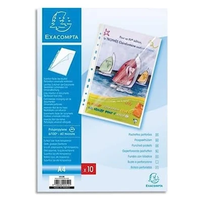 Afbeelding van Exacompta Ref. 5310E Zakje van10 geperforeerde showtassen in gladde polypropyleen 6/100e hoek/zijopening Universele perforatie 11 gaten A4 opbergformaat Kleurloos