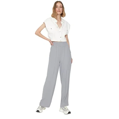 Afbeelding van Trendyol Zwarte Geweven Broek Met Wijde Pijpen/Brede Elastische Taille Twoss22Pl00024