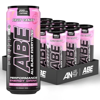 Afbeelding van Applied Nutrition ABE Pre Workout Blikjes All Black Everything Energie + Prestatiedrank, Suikervrije Koolzuurhoudende Drank met Cafeïne (Fruit Snoep) (12 x 330ml)