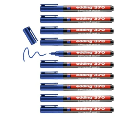 Afbeelding van edding 370 permanent marker blauw 10 stiften fijne ronde punt 1 mm watervast, sneldrogend multi marker, universele stift voor karton, kunststof, hout, metaal, glas, steen, linnen