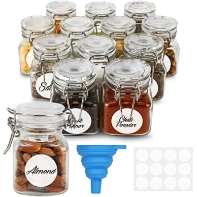 Afbeelding van BELLE VOUS 12 Pak Luchtdichte Glazen Specerijen Potten met Scharnierdeksel 120 ml Herbruibare Opslag Containers Labels en Trechter Flessenset voor Keuken, Voedsel, Kruiden Bloem