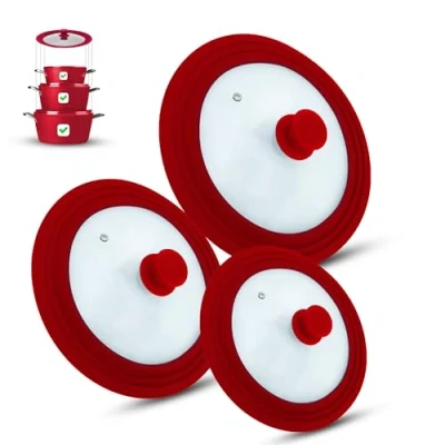 Afbeelding van M.S.N Set van 3 universele glazen deksels, delig, potten en pannen 16/18/20 cm &amp; 24/26/28 28/30/32 cm, met afvoerventiel siliconen rand. (rood)