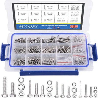 Afbeelding van Glarks 665 stuks M3 M4 M5 M6 roestvrij staal platte zeskantschroeven bouten moeren en pakking veerringen assortiment set