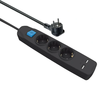 Afbeelding van MaxTrack stekkerdoos met 3 contacten en 2x USB / zwart meter
