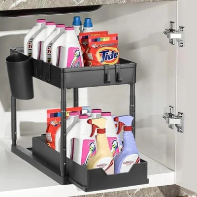 Afbeelding van Eufrozy Keuken onder de gootsteen opslag uitglijden, 40x22x43cm 2 laags badkamerkast mand verstelbare hoogte organizer, multifunctionele zwarte plank met 4 haken en 1 hangende bekers
