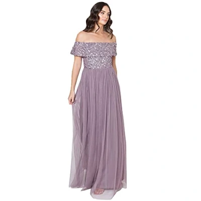 Afbeelding van Maya Deluxe Bardot Versierde maxi jurk voor dames, bruidsmeisje, Moody Lila, 14
