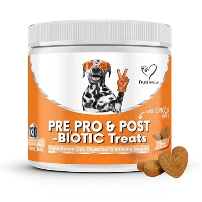 Afbeelding van NutriPaw Pre, post en probiotische lekkernijen voor honden darm spijsverteringsgezondheid, anale klieren billen, losse stoel, geurvolle jeukende oren, spijsverteringsenzymen ideaal