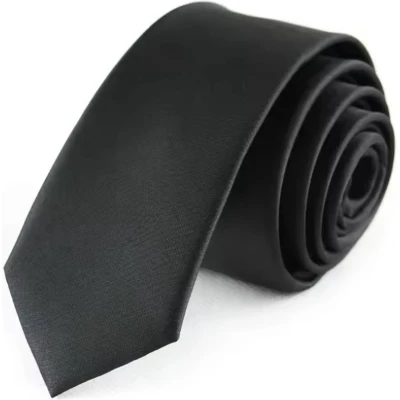 Afbeelding van CHPN stropdas Zwart kleurige Smalle tie Black Polyester Universeel Accessoire Zwarte das Chique