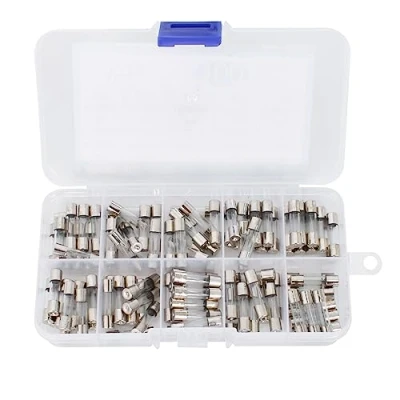 Afbeelding van Set van 100 stuks glaszekeringen, 5 x 20 mm, glazen cartridges, Fast Blow zekeringen glas, 10 waarden, 250 V, 0,2 A, 0,5 1 2 3 6 8 15 buiszekeringen,