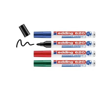 Afbeelding van edding 620 whiteboardmarkers, meerkleurig, 4 pennen, ronde punt 1,5 3 mm, afwasbaar, voor whiteboards, magnetisch, memo en conferentieschildersezel, navulbaar