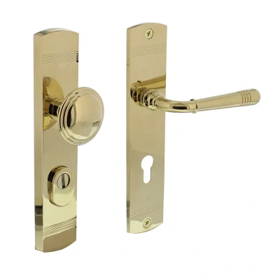 Afbeelding van Voordeurbeslag Emily profielcilindergat knop / deurklink 72mm met kerntrekbeveiliging PVD messing kleur