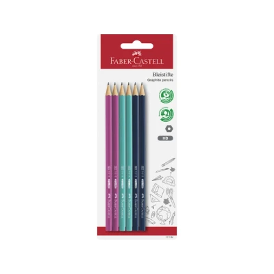 Afbeelding van 10x Potlood Faber Castell 1111 HB 6 stuks op blister kleuren: roze, aq