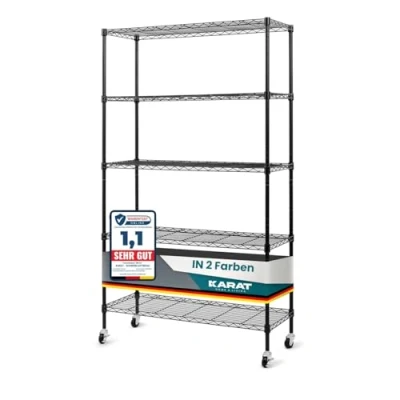 Afbeelding van KARAT Rek smal zwart op wielen van metaal met 5 planken, rolwagen voor keuken, badkamer, kelder, bergruimte tot 120 kg, keukenrek, opbergrek wieltjes parkeerrem, 89 x 34 150 cm