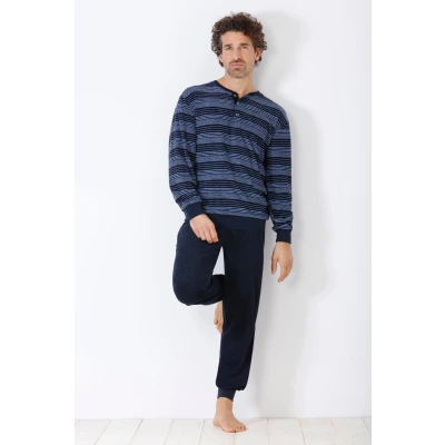 Afbeelding van Donker blauwe badstof herenpyjama hajo