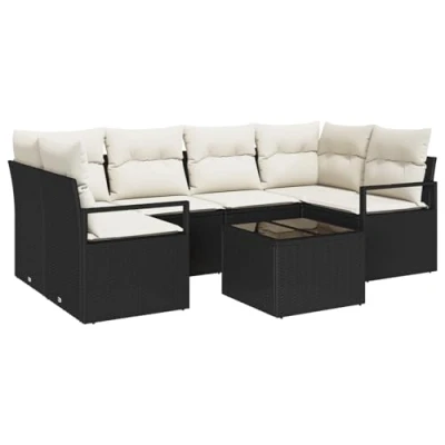Afbeelding van vidaXL 7 delige Tuin Sofa Set met Kussens Zwart Poly Rattan, 2 zitter Opbergruimte &amp; Rattan